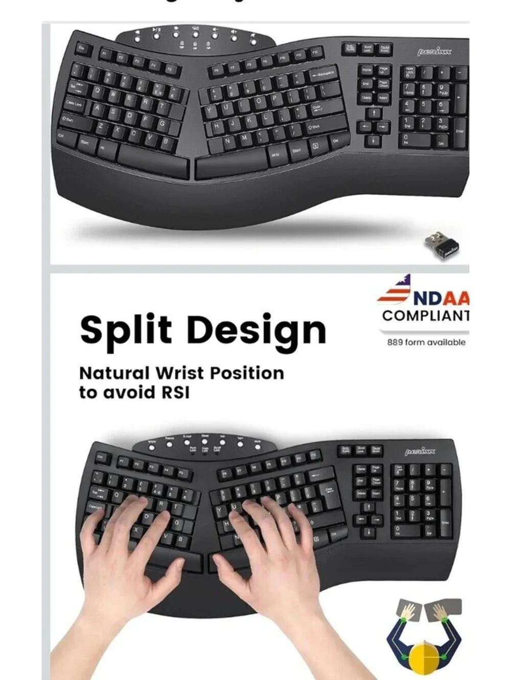 Perixx PERIBOARD-612B Wireless Ergonomic Split Keyboard Bluetooth 2.4G Black